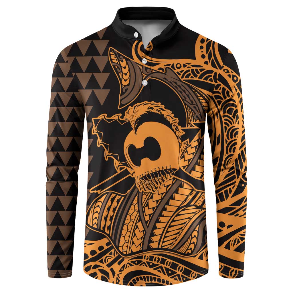 Koa Ikaika Warrior Helmet with Shark Button Sweatshirt Gold Kakau Style LT9 Gold - Polynesian Pride