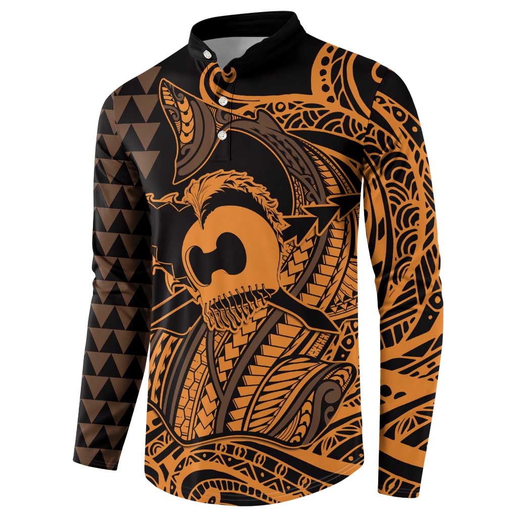 Koa Ikaika Warrior Helmet with Shark Button Sweatshirt Gold Kakau Style LT9 - Polynesian Pride