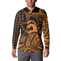Koa Ikaika Warrior Helmet with Shark Button Sweatshirt Gold Kakau Style LT9 - Polynesian Pride