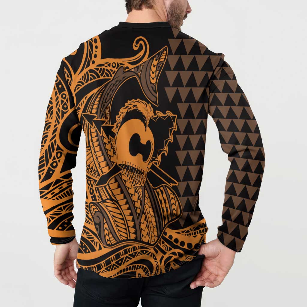 Koa Ikaika Warrior Helmet with Shark Button Sweatshirt Gold Kakau Style LT9 - Polynesian Pride