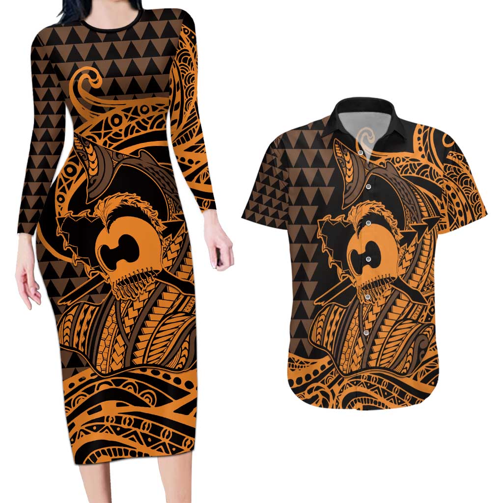 Koa Ikaika Warrior Helmet with Shark Couples Matching Long Sleeve Bodycon Dress and Hawaiian Shirt Gold Kakau Style