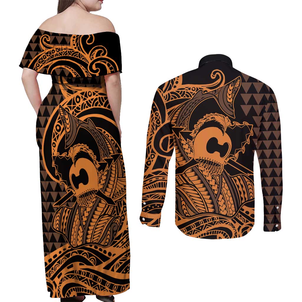 Koa Ikaika Warrior Helmet with Shark Couples Matching Off Shoulder Maxi Dress and Long Sleeve Button Shirt Gold Kakau Style LT9 - Polynesian Pride