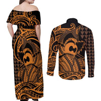 Koa Ikaika Warrior Helmet with Shark Couples Matching Off Shoulder Maxi Dress and Long Sleeve Button Shirt Gold Kakau Style LT9 - Polynesian Pride