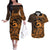 Koa Ikaika Warrior Helmet with Shark Couples Matching Off The Shoulder Long Sleeve Dress and Hawaiian Shirt Gold Kakau Style