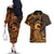 Koa Ikaika Warrior Helmet with Shark Couples Matching Off The Shoulder Long Sleeve Dress and Hawaiian Shirt Gold Kakau Style