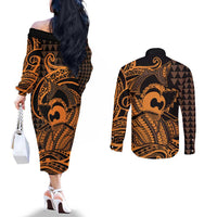 Koa Ikaika Warrior Helmet with Shark Couples Matching Off The Shoulder Long Sleeve Dress and Long Sleeve Button Shirt Gold Kakau Style LT9 - Polynesian Pride