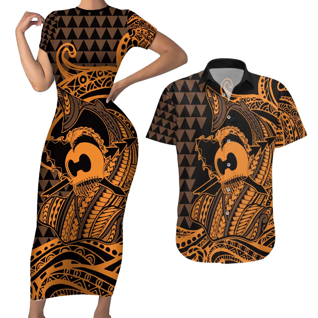 Koa Ikaika Warrior Helmet with Shark Couples Matching Short Sleeve Bodycon Dress and Hawaiian Shirt Gold Kakau Style