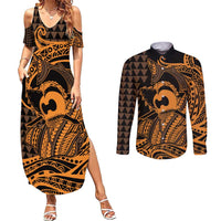 Koa Ikaika Warrior Helmet with Shark Couples Matching Summer Maxi Dress and Long Sleeve Button Shirt Gold Kakau Style LT9 Gold - Polynesian Pride