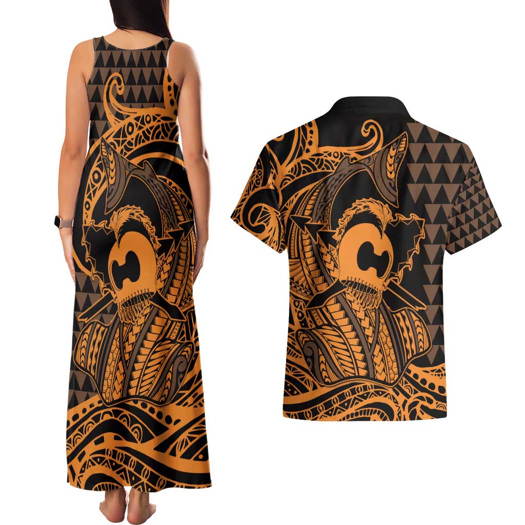 Koa Ikaika Warrior Helmet with Shark Couples Matching Tank Maxi Dress and Hawaiian Shirt Gold Kakau Style