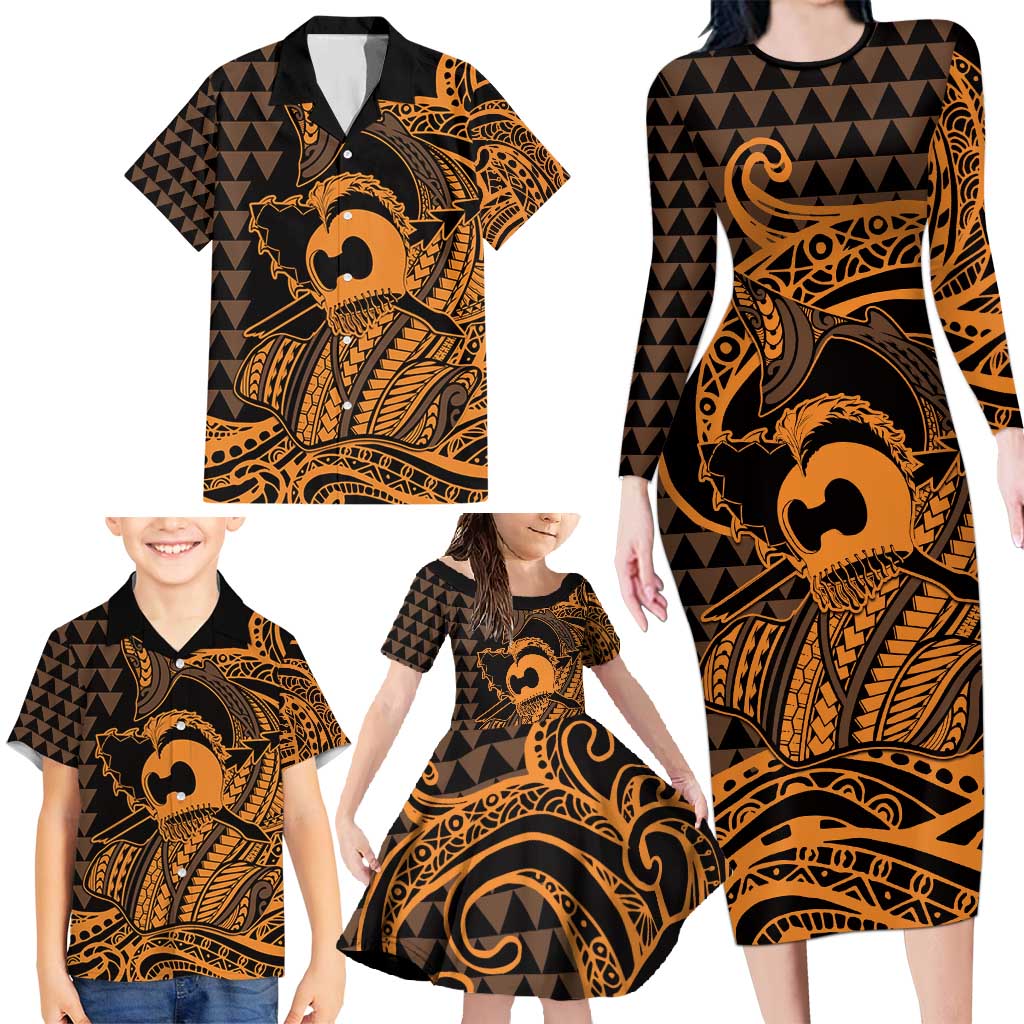 Koa Ikaika Warrior Helmet with Shark Family Matching Long Sleeve Bodycon Dress and Hawaiian Shirt Gold Kakau Style