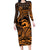 Koa Ikaika Warrior Helmet with Shark Family Matching Long Sleeve Bodycon Dress and Hawaiian Shirt Gold Kakau Style