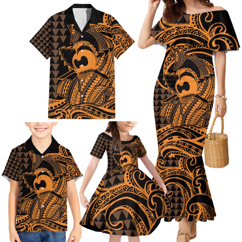 Koa Ikaika Warrior Helmet with Shark Family Matching Mermaid Dress and Hawaiian Shirt Gold Kakau Style