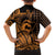 Koa Ikaika Warrior Helmet with Shark Family Matching Off The Shoulder Long Sleeve Dress and Hawaiian Shirt Gold Kakau Style