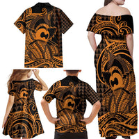 Koa Ikaika Warrior Helmet with Shark Family Matching Off Shoulder Maxi Dress and Hawaiian Shirt Gold Kakau Style