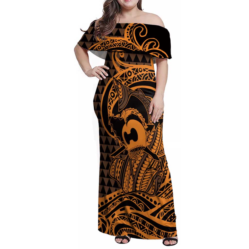 Koa Ikaika Warrior Helmet with Shark Family Matching Off Shoulder Maxi Dress and Hawaiian Shirt Gold Kakau Style