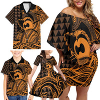 Koa Ikaika Warrior Helmet with Shark Family Matching Off Shoulder Short Dress and Hawaiian Shirt Gold Kakau Style
