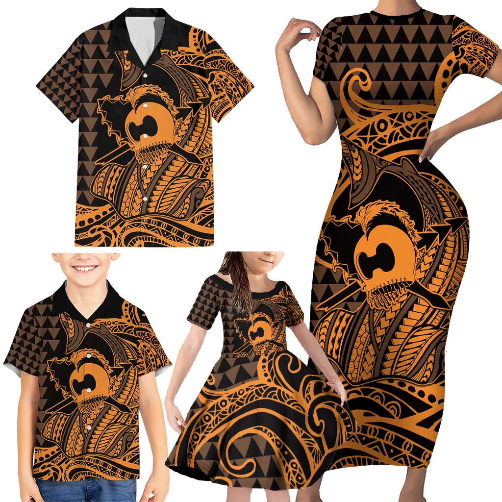 Koa Ikaika Warrior Helmet with Shark Family Matching Short Sleeve Bodycon Dress and Hawaiian Shirt Gold Kakau Style