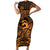 Koa Ikaika Warrior Helmet with Shark Family Matching Short Sleeve Bodycon Dress and Hawaiian Shirt Gold Kakau Style