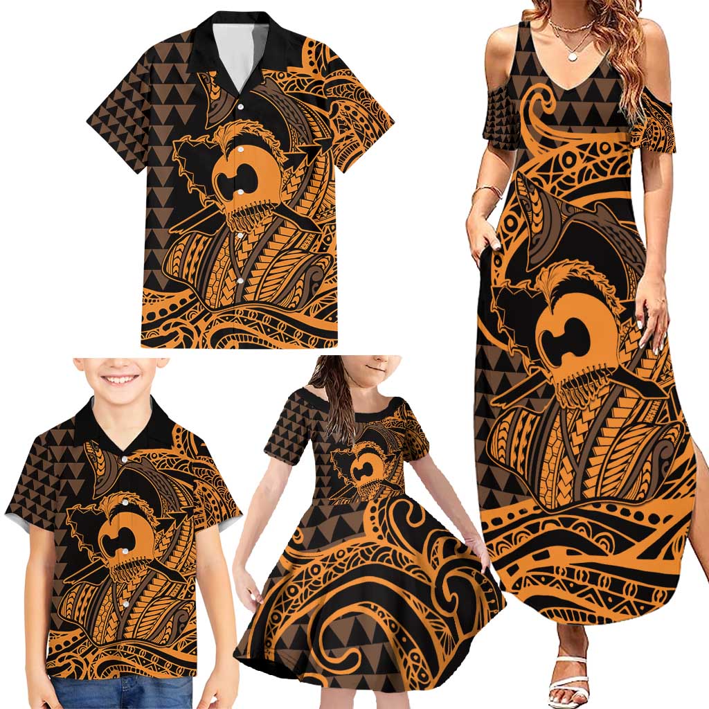 Koa Ikaika Warrior Helmet with Shark Family Matching Summer Maxi Dress and Hawaiian Shirt Gold Kakau Style