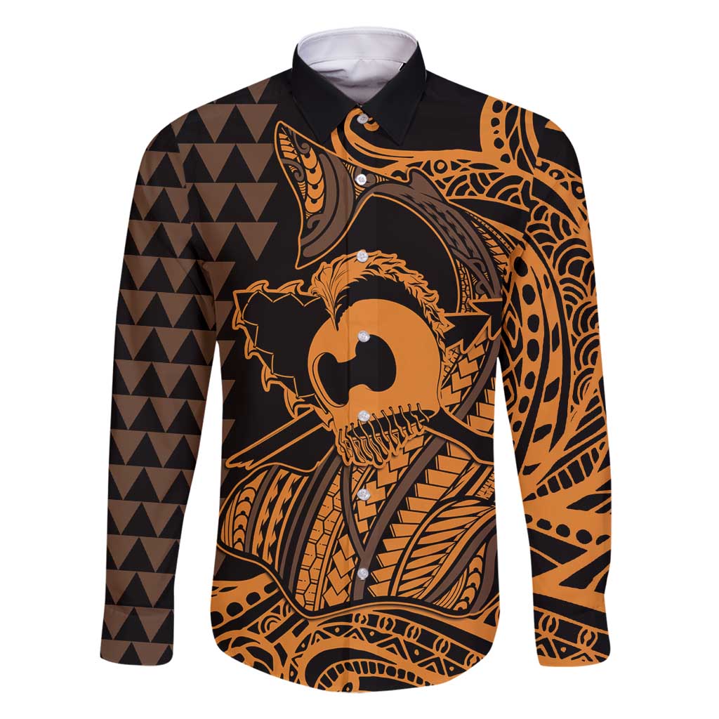 Koa Ikaika Warrior Helmet with Shark Family Matching Tank Maxi Dress and Hawaiian Shirt Gold Kakau Style