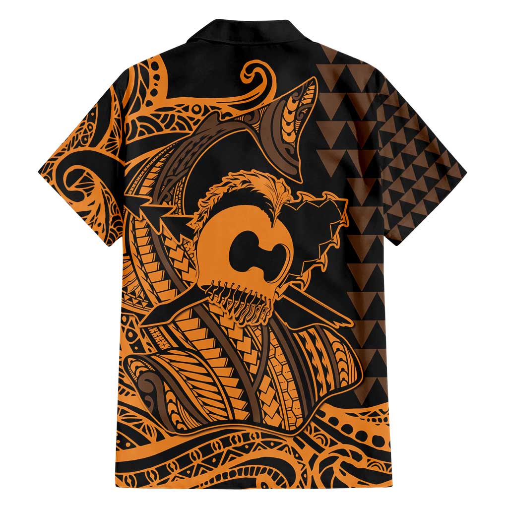 Koa Ikaika Warrior Helmet with Shark Hawaiian Shirt Gold Kakau Style LT9 - Polynesian Pride
