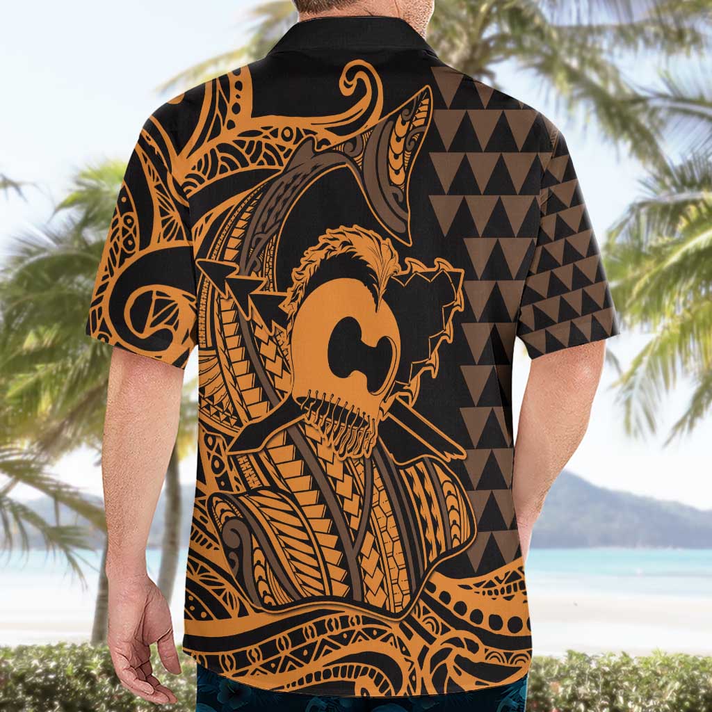 Koa Ikaika Warrior Helmet with Shark Hawaiian Shirt Gold Kakau Style LT9 - Polynesian Pride