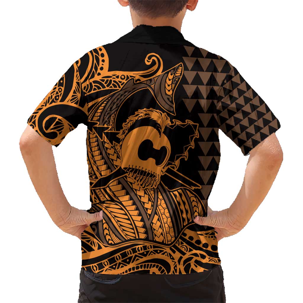 Koa Ikaika Warrior Helmet with Shark Hawaiian Shirt Gold Kakau Style LT9 - Polynesian Pride