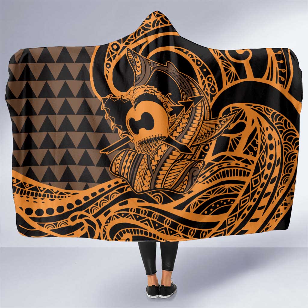 Koa Ikaika Warrior Helmet with Shark Hooded Blanket Gold Kakau Style