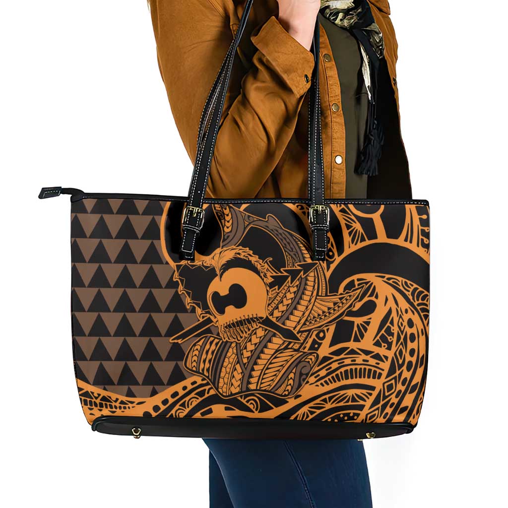 Koa Ikaika Warrior Helmet with Shark Leather Tote Bag Gold Kakau Style LT9 - Polynesian Pride