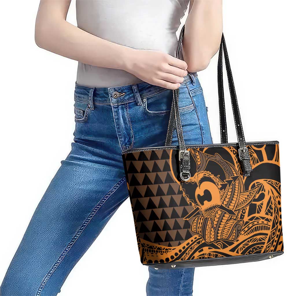 Koa Ikaika Warrior Helmet with Shark Leather Tote Bag Gold Kakau Style LT9 - Polynesian Pride