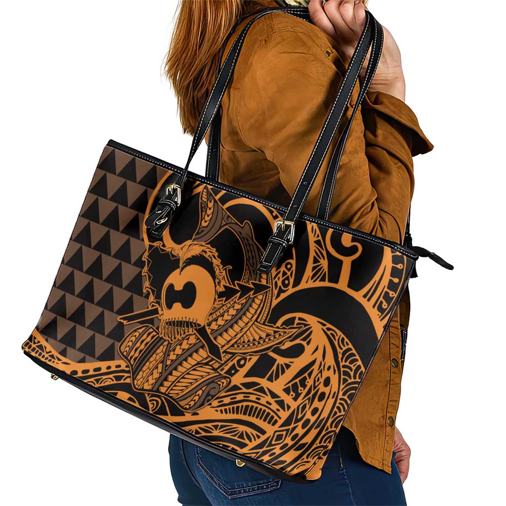 Koa Ikaika Warrior Helmet with Shark Leather Tote Bag Gold Kakau Style LT9 - Polynesian Pride