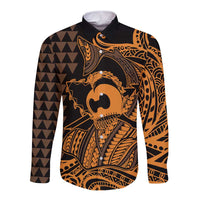 Koa Ikaika Warrior Helmet with Shark Long Sleeve Button Shirt Gold Kakau Style