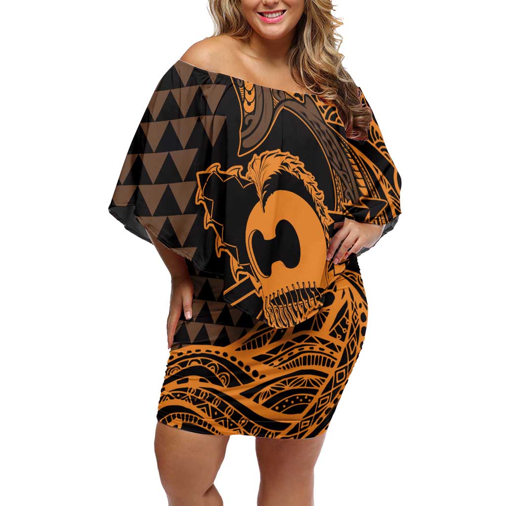 Koa Ikaika Warrior Helmet with Shark Off Shoulder Short Dress Gold Kakau Style LT9 Women Gold - Polynesian Pride