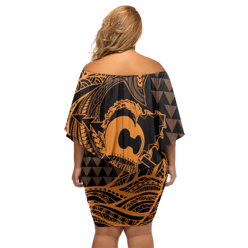 Koa Ikaika Warrior Helmet with Shark Off Shoulder Short Dress Gold Kakau Style LT9 - Polynesian Pride