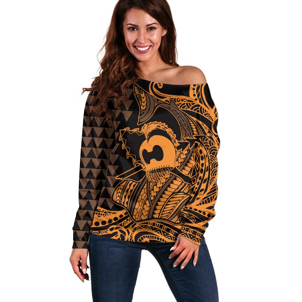 Koa Ikaika Warrior Helmet with Shark Off Shoulder Sweater Gold Kakau Style