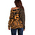 Koa Ikaika Warrior Helmet with Shark Off Shoulder Sweater Gold Kakau Style