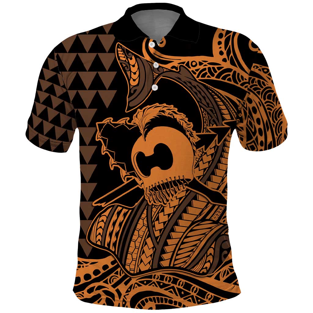 Koa Ikaika Warrior Helmet with Shark Polo Shirt Gold Kakau Style