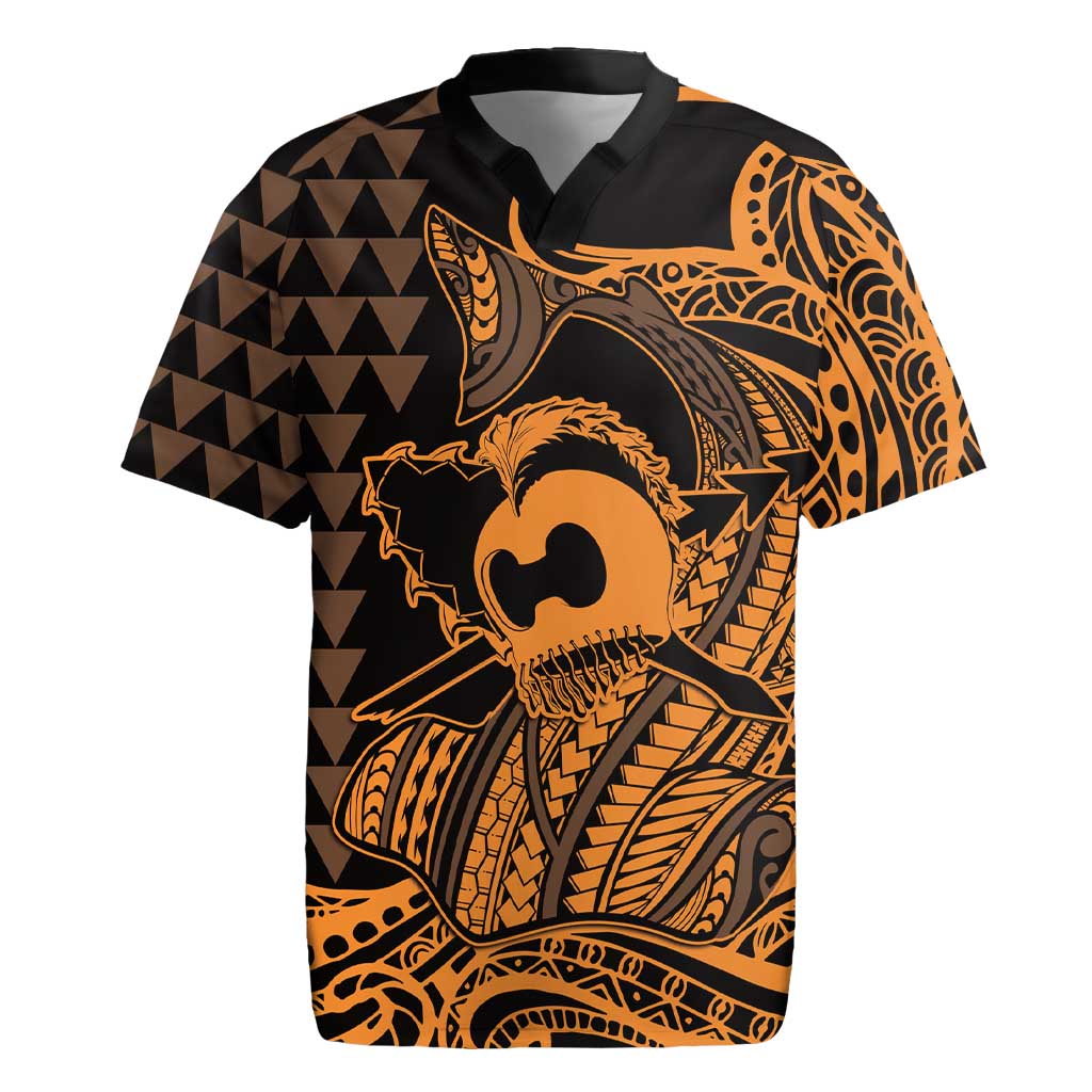 Koa Ikaika Warrior Helmet with Shark Rugby Jersey Gold Kakau Style LT9 Gold - Polynesian Pride