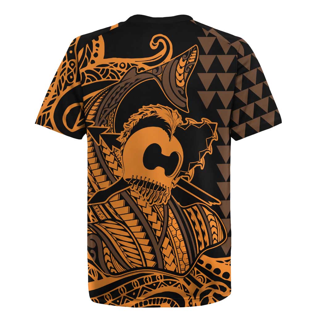 Koa Ikaika Warrior Helmet with Shark Rugby Jersey Gold Kakau Style LT9 - Polynesian Pride
