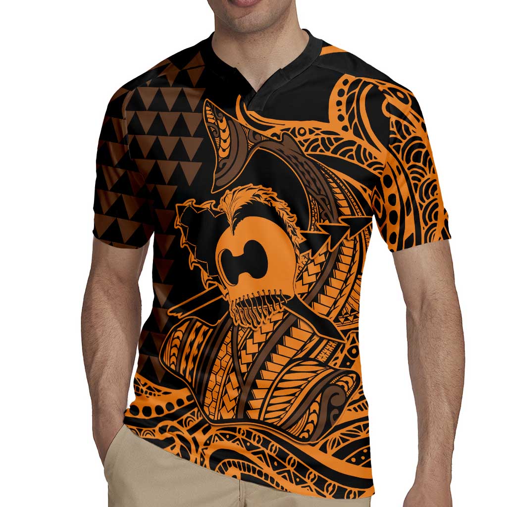Koa Ikaika Warrior Helmet with Shark Rugby Jersey Gold Kakau Style LT9 - Polynesian Pride