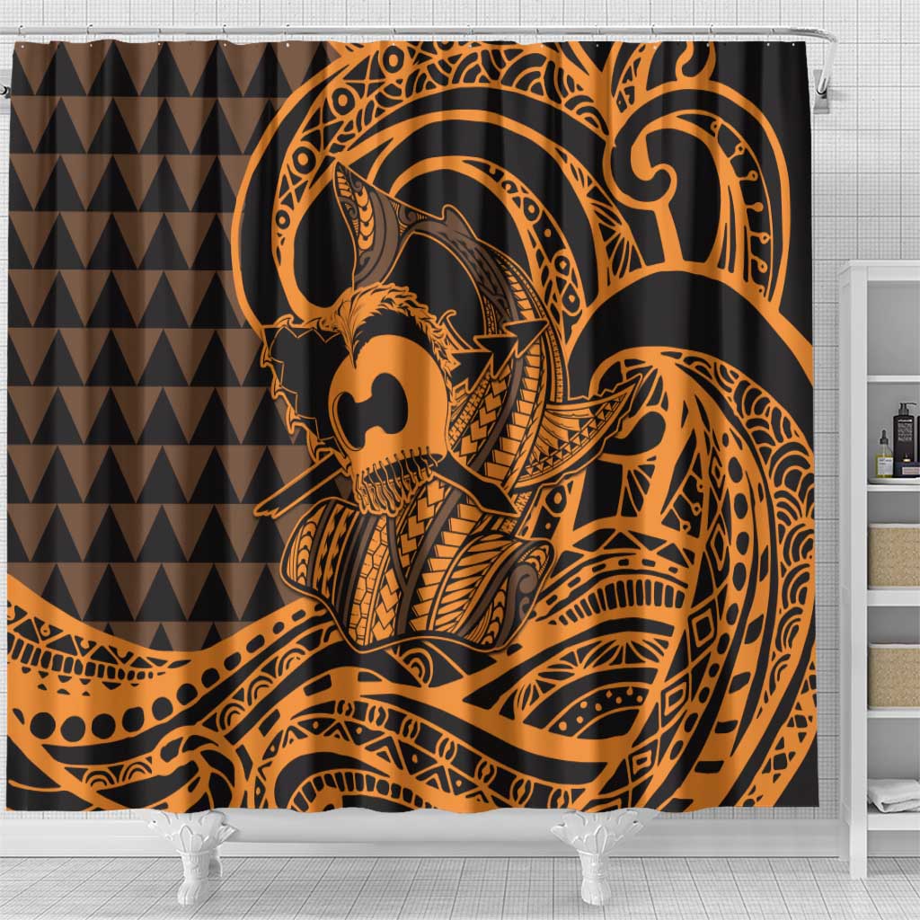 Koa Ikaika Warrior Helmet with Shark Shower Curtain Gold Kakau Style