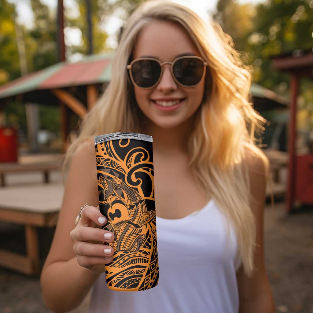 Koa Ikaika Warrior Helmet with Shark Skinny Tumbler Gold Kakau Style