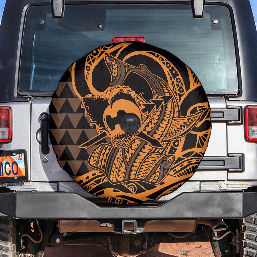 Koa Ikaika Warrior Helmet with Shark Spare Tire Cover Gold Kakau Style LT9 Gold - Polynesian Pride