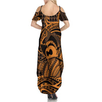 Koa Ikaika Warrior Helmet with Shark Summer Maxi Dress Gold Kakau Style LT9 - Polynesian Pride