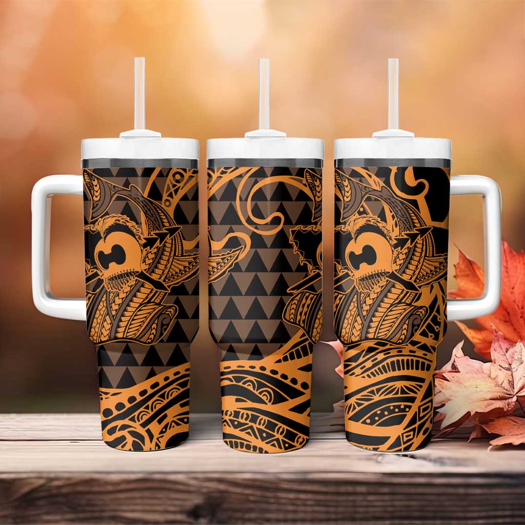 Koa Ikaika Warrior Helmet with Shark Tumbler With Handle Gold Kakau Style LT9 - Polynesian Pride