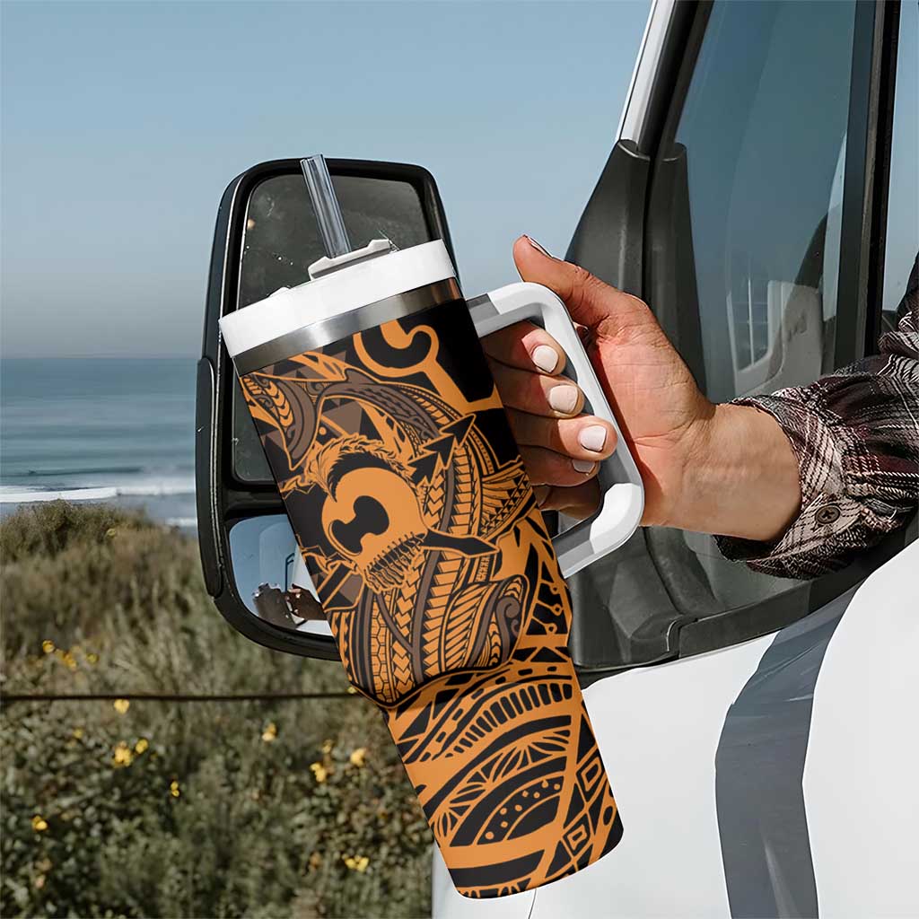 Koa Ikaika Warrior Helmet with Shark Tumbler With Handle Gold Kakau Style LT9 - Polynesian Pride