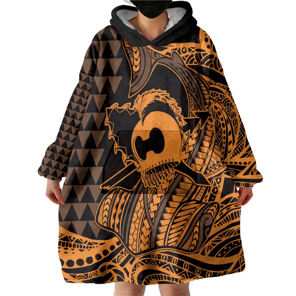 Koa Ikaika Warrior Helmet with Shark Wearable Blanket Hoodie Gold Kakau Style LT9 - Polynesian Pride