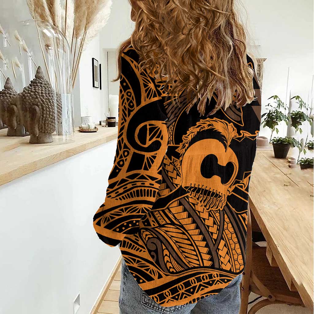 Koa Ikaika Warrior Helmet with Shark Women Casual Shirt Gold Kakau Style