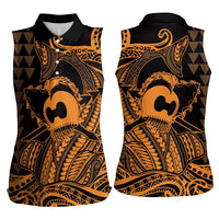 Koa Ikaika Warrior Helmet with Shark Women Sleeveless Polo Shirt Gold Kakau Style