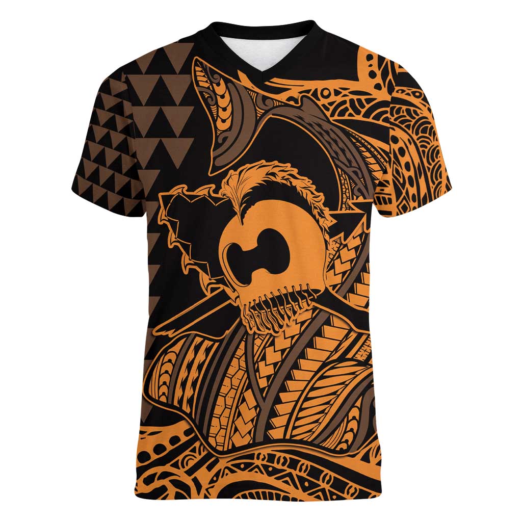 Koa Ikaika Warrior Helmet with Shark Women V-Neck T-Shirt Gold Kakau Style LT9 Female Gold - Polynesian Pride